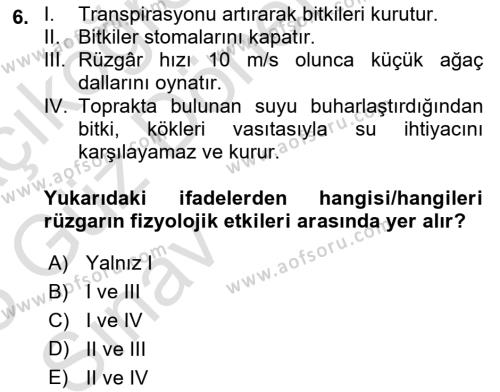 Ekoloji ve Çevre Bilgisi Dersi 2024 - 2025 Yılı (Vize) Ara Sınavı 6. Soru