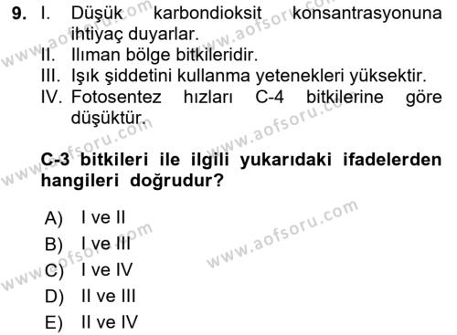 Ekoloji ve Çevre Bilgisi Dersi 2024 - 2025 Yılı (Vize) Ara Sınavı 9. Soru