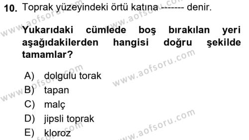 Toprak Bilgisi ve Bitki Besleme Dersi 2021 - 2022 Yılı Yaz Okulu Sınavı 10. Soru