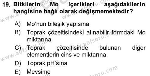 Toprak Bilgisi ve Bitki Besleme Dersi 2023 - 2024 Yılı (Final) Dönem Sonu Sınavı 19. Soru