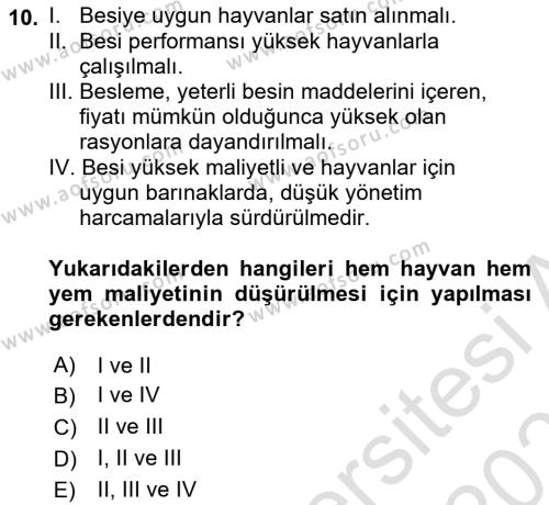 Hayvan Yetiştirme Dersi 2020 - 2021 Yılı Yaz Okulu Sınavı 10. Soru