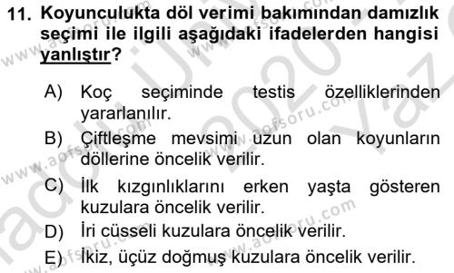 Hayvan Yetiştirme Dersi 2020 - 2021 Yılı Yaz Okulu Sınavı 11. Soru