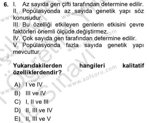 Hayvan Yetiştirme Dersi 2020 - 2021 Yılı Yaz Okulu Sınavı 6. Soru