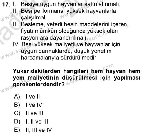 Hayvan Yetiştirme Dersi 2022 - 2023 Yılı (Vize) Ara Sınavı 17. Soru