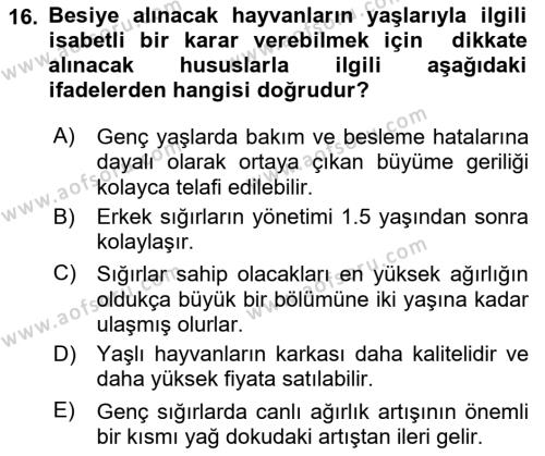 Hayvan Yetiştirme Dersi 2023 - 2024 Yılı (Vize) Ara Sınavı 16. Soru