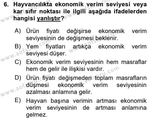 Hayvan Yetiştirme Dersi 2023 - 2024 Yılı Yaz Okulu Sınavı 6. Soru