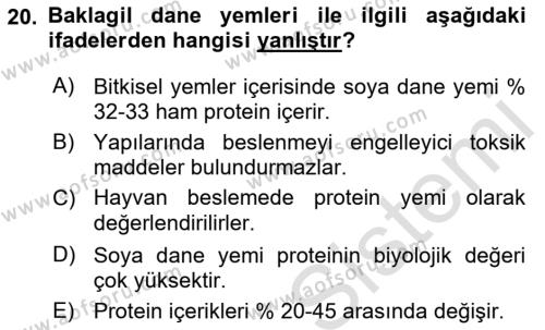 Hayvan Besleme Dersi 2021 - 2022 Yılı (Vize) Ara Sınavı 20. Soru