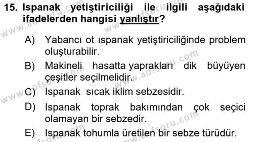 Bahçe Tarımı 2 Dersi 2021 - 2022 Yılı Yaz Okulu Sınavı 15. Soru