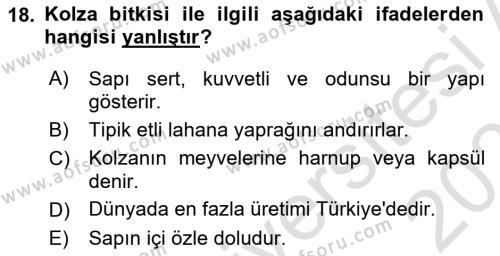 Tarla Bitkileri 2 Dersi 2023 - 2024 Yılı (Vize) Ara Sınavı 18. Soru