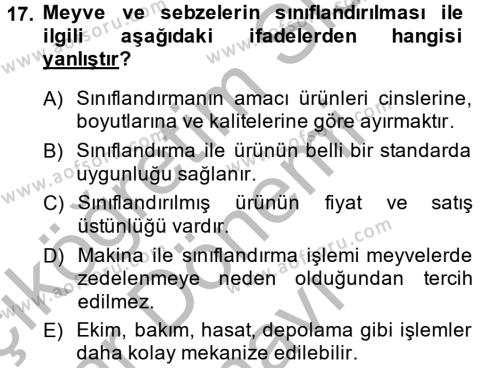 Tarım Alet ve Makinaları Dersi 2013 - 2014 Yılı (Final) Dönem Sonu Sınavı 17. Soru