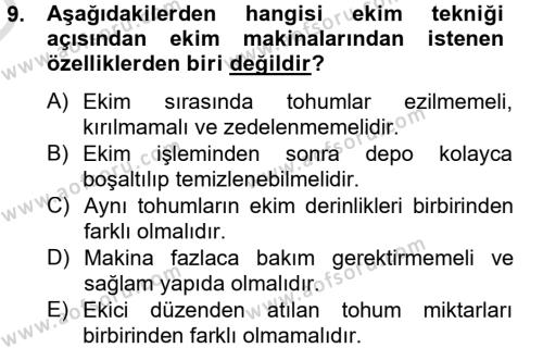 Tarım Alet ve Makinaları Dersi 2013 - 2014 Yılı Tek Ders Sınavı 9. Soru