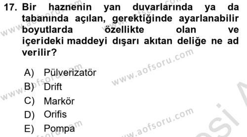 Tarım Alet ve Makinaları Dersi 2022 - 2023 Yılı Yaz Okulu Sınavı 17. Soru