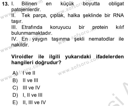 Fitopatoloji Dersi 2020 - 2021 Yılı Yaz Okulu Sınavı 13. Soru