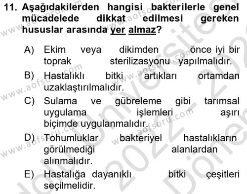 Fitopatoloji Dersi 2022 - 2023 Yılı (Final) Dönem Sonu Sınavı 11. Soru