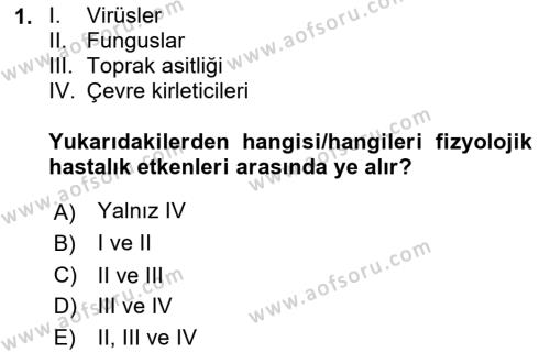 Fitopatoloji Dersi 2023 - 2024 Yılı (Vize) Ara Sınavı 1. Soru