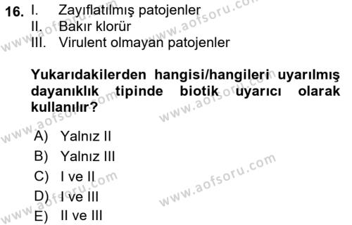 Fitopatoloji Dersi 2023 - 2024 Yılı (Vize) Ara Sınavı 16. Soru