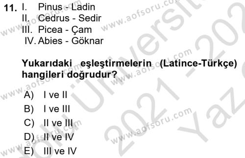 Peyzaj Çevre ve Tarım Dersi 2021 - 2022 Yılı Yaz Okulu Sınavı 11. Soru