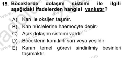 Entomoloji Dersi 2023 - 2024 Yılı (Vize) Ara Sınavı 15. Soru