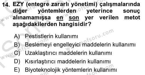 Entomoloji Dersi 2023 - 2024 Yılı (Final) Dönem Sonu Sınavı 14. Soru