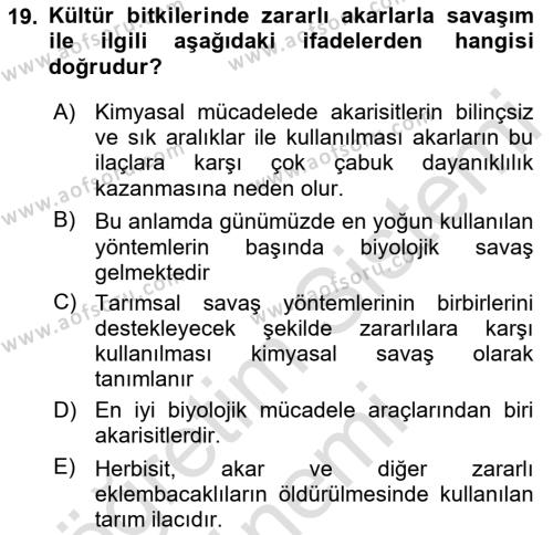 Entomoloji Dersi 2023 - 2024 Yılı (Final) Dönem Sonu Sınavı 19. Soru