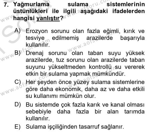 Tarımsal Yapılar ve Sulama Dersi 2019 - 2020 Yılı (Final) Dönem Sonu Sınavı 7. Soru