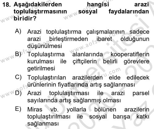 Tarımsal Yapılar ve Sulama Dersi 2020 - 2021 Yılı Yaz Okulu Sınavı 18. Soru