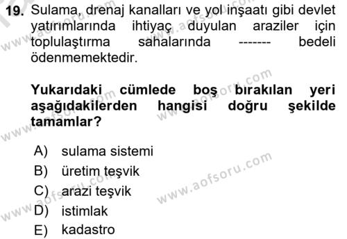 Tarımsal Yapılar ve Sulama Dersi 2021 - 2022 Yılı (Final) Dönem Sonu Sınavı 19. Soru