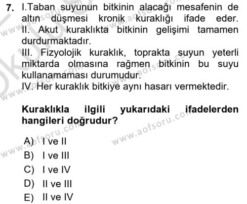 Tarımsal Yapılar ve Sulama Dersi 2021 - 2022 Yılı Yaz Okulu Sınavı 7. Soru