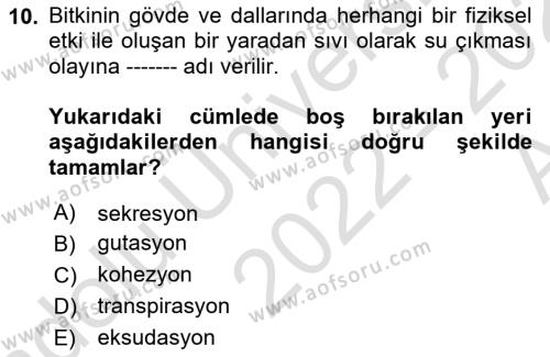 Tarımsal Yapılar ve Sulama Dersi 2022 - 2023 Yılı (Vize) Ara Sınavı 10. Soru