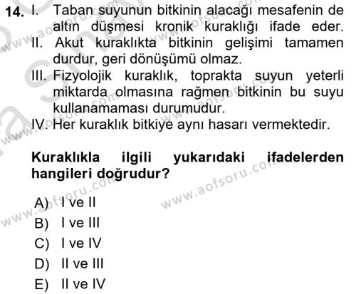 Tarımsal Yapılar ve Sulama Dersi 2022 - 2023 Yılı (Vize) Ara Sınavı 14. Soru