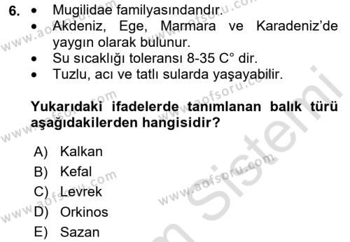 Balık Yetiştiriciliği Dersi 2020 - 2021 Yılı Yaz Okulu Sınavı 6. Soru