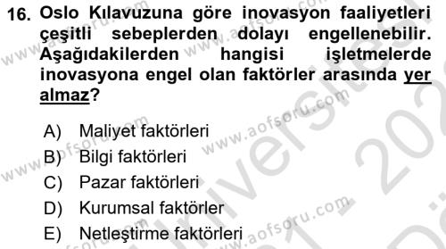 Turizmde Girişimcilik Ve İnovasyon Dersi 2021 - 2022 Yılı (Vize) Ara Sınavı 16. Soru