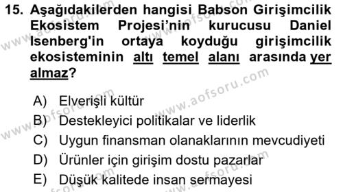 Turizmde Girişimcilik Ve İnovasyon Dersi 2021 - 2022 Yılı Yaz Okulu Sınavı 15. Soru