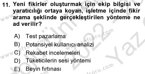 Turizmde Girişimcilik Ve İnovasyon Dersi 2022 - 2023 Yılı Yaz Okulu Sınavı 11. Soru