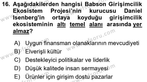 Turizmde Girişimcilik Ve İnovasyon Dersi 2022 - 2023 Yılı Yaz Okulu Sınavı 16. Soru