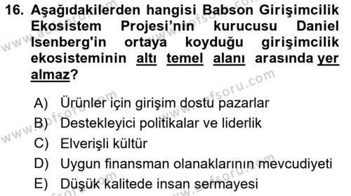 Turizmde Girişimcilik Ve İnovasyon Dersi 2023 - 2024 Yılı (Final) Dönem Sonu Sınavı 16. Soru