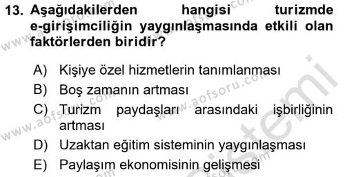 Turizmde Güncel Yaklaşımlar Dersi 2021 - 2022 Yılı (Vize) Ara Sınavı 13. Soru