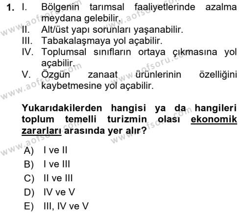 Toplum Temelli Turizm Dersi 2021 - 2022 Yılı (Final) Dönem Sonu Sınavı 1. Soru