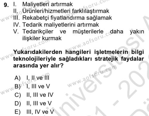 Turizm Bilgi Teknolojileri Dersi 2021 - 2022 Yılı (Vize) Ara Sınavı 9. Soru