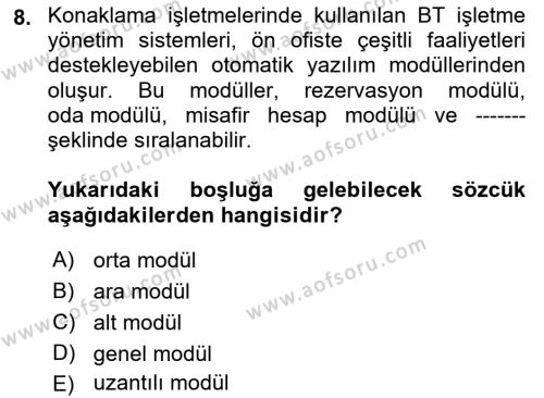 Turizm Bilgi Teknolojileri Dersi 2021 - 2022 Yılı Yaz Okulu Sınavı 8. Soru