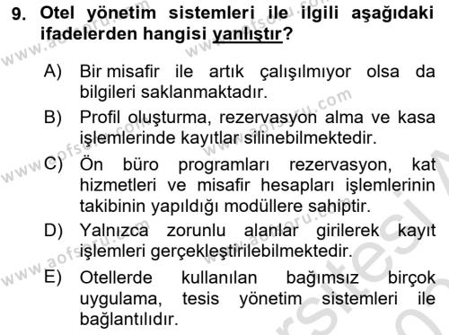 Turizm Bilgi Teknolojileri Dersi 2022 - 2023 Yılı Yaz Okulu Sınavı 9. Soru