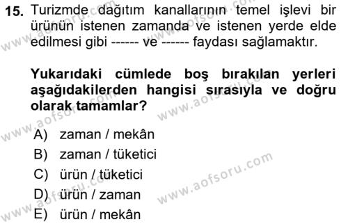 Seyahat Acentacılığı ve Tur Operatörlüğü Dersi 2023 - 2024 Yılı (Final) Dönem Sonu Sınavı 15. Soru