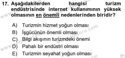 Seyahat Acentacılığı ve Tur Operatörlüğü Dersi 2023 - 2024 Yılı (Final) Dönem Sonu Sınavı 17. Soru