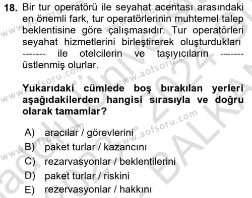 Seyahat Acentacılığı ve Tur Operatörlüğü Dersi 2023 - 2024 Yılı (Final) Dönem Sonu Sınavı 18. Soru