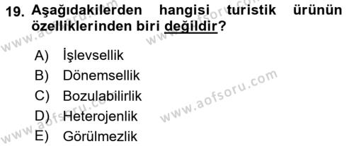 Seyahat Acentacılığı ve Tur Operatörlüğü Dersi 2023 - 2024 Yılı (Final) Dönem Sonu Sınavı 19. Soru