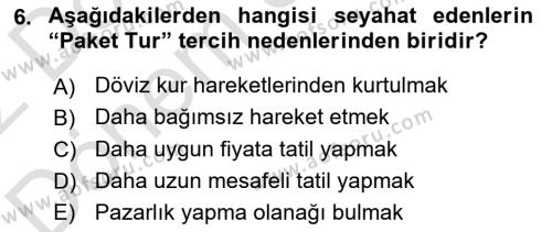 Seyahat Acentacılığı ve Tur Operatörlüğü Dersi 2023 - 2024 Yılı (Final) Dönem Sonu Sınavı 6. Soru