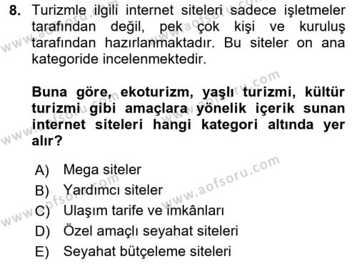 Seyahat Acentacılığı ve Tur Operatörlüğü Dersi 2023 - 2024 Yılı (Final) Dönem Sonu Sınavı 8. Soru