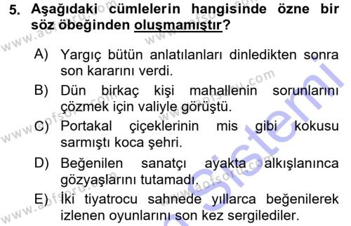 Türk Dili 1 Dersi 2015 - 2016 Yılı (Final) Dönem Sonu Sınavı 5. Soru