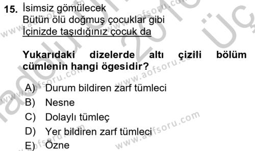 Türk Dili 1 Dersi 2016 - 2017 Yılı 3 Ders Sınavı 15. Soru
