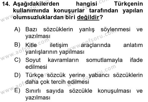 Türk Dili 1 Dersi 2017 - 2018 Yılı 3 Ders Sınavı 14. Soru